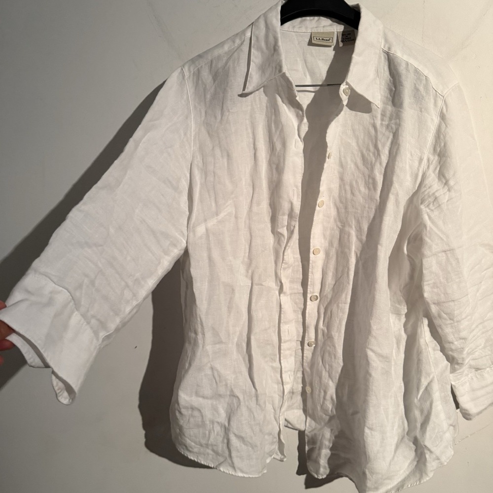 Llbean Medium Linen Top White Button Up 3/4 Sleeve Minimalist Coastal Basic